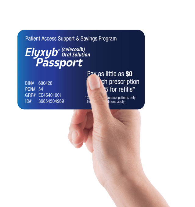 Patient holding an ELYXYB Passport: Access Support & Savings (Copay) Card. Eligible patients will pay $0 on their first fill and $25 for their subsequent fills.†