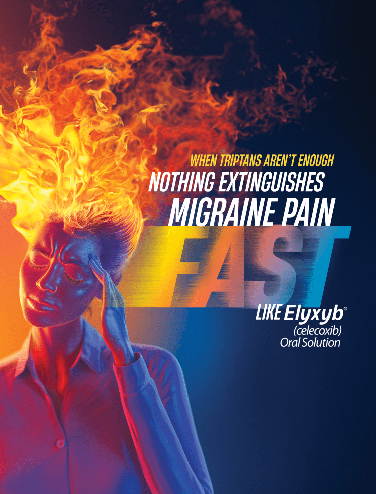 When triptans aren't enough, nothing extinguishes migraine pain fast like ELYXYB (celecoxib) Oral Solution. On screen, an illustrated woman is shown holding her forehead with migraine pain represented as a raging fire emanating from her head.
